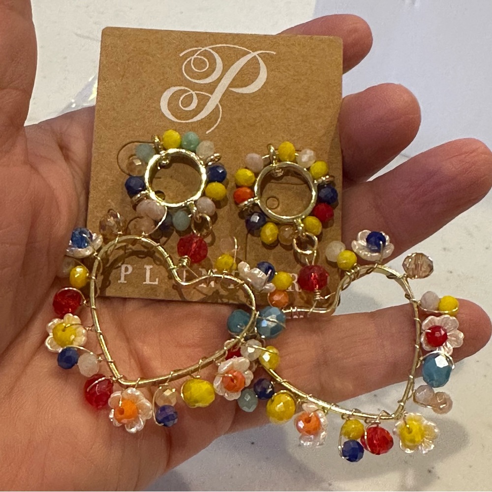 NWT “Haylebeth” Earrings by Plunder- gold tone Heart w/ colorful beads & flowers